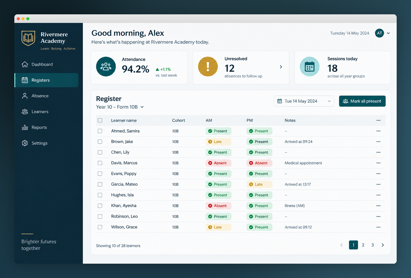 Progressa Attendance Register dashboard